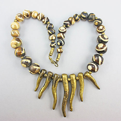Vintage African Beads Necklace Batik Bone And Brass Pendants