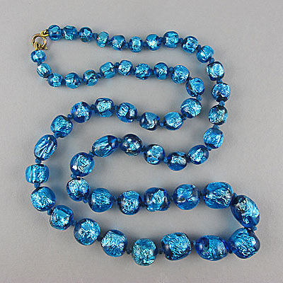 Vintage foil glass beads necklace silver blue