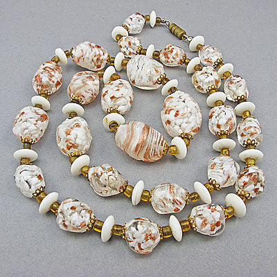 White and gold vintage foil glass beads necklace