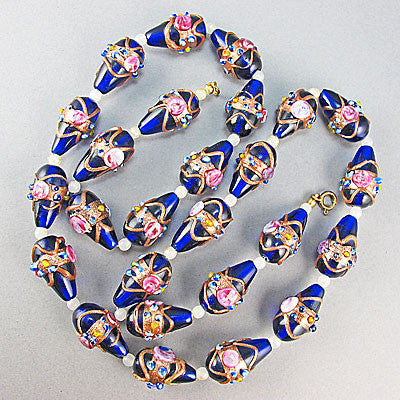 vintage lampwork beads necklace dark blue colour