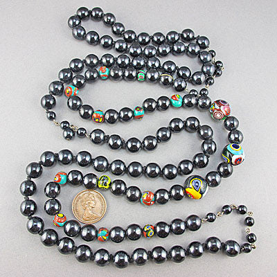 Black vintage millefiori beads necklace