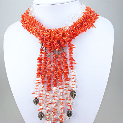 Vintage coral beads necklace with rock cyrstal beads