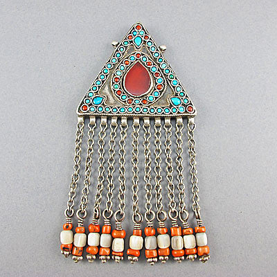 Vintage ethnic jewellery coral turquoise and silver pendant