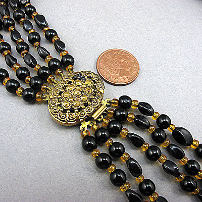 Vintage plastic beads necklace black and gold