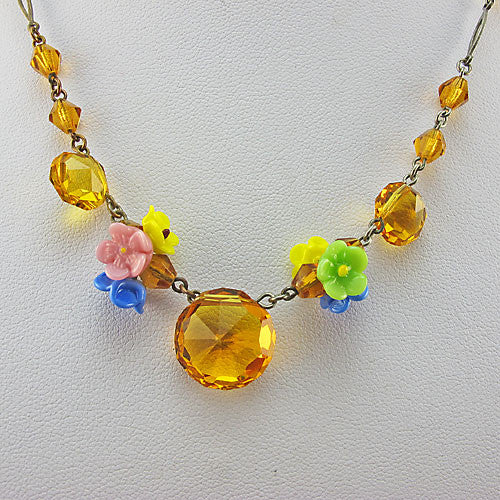 Vintage Beads Necklace Faceted Glass Flowers