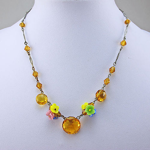 Vintage Beads Necklace Faceted Glass Flowers